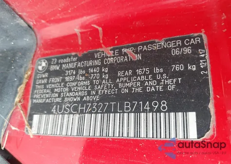 1996 BMW Z3 1.9 z USA, uszkodzony, nr VIN 4USCH7327TLB71498